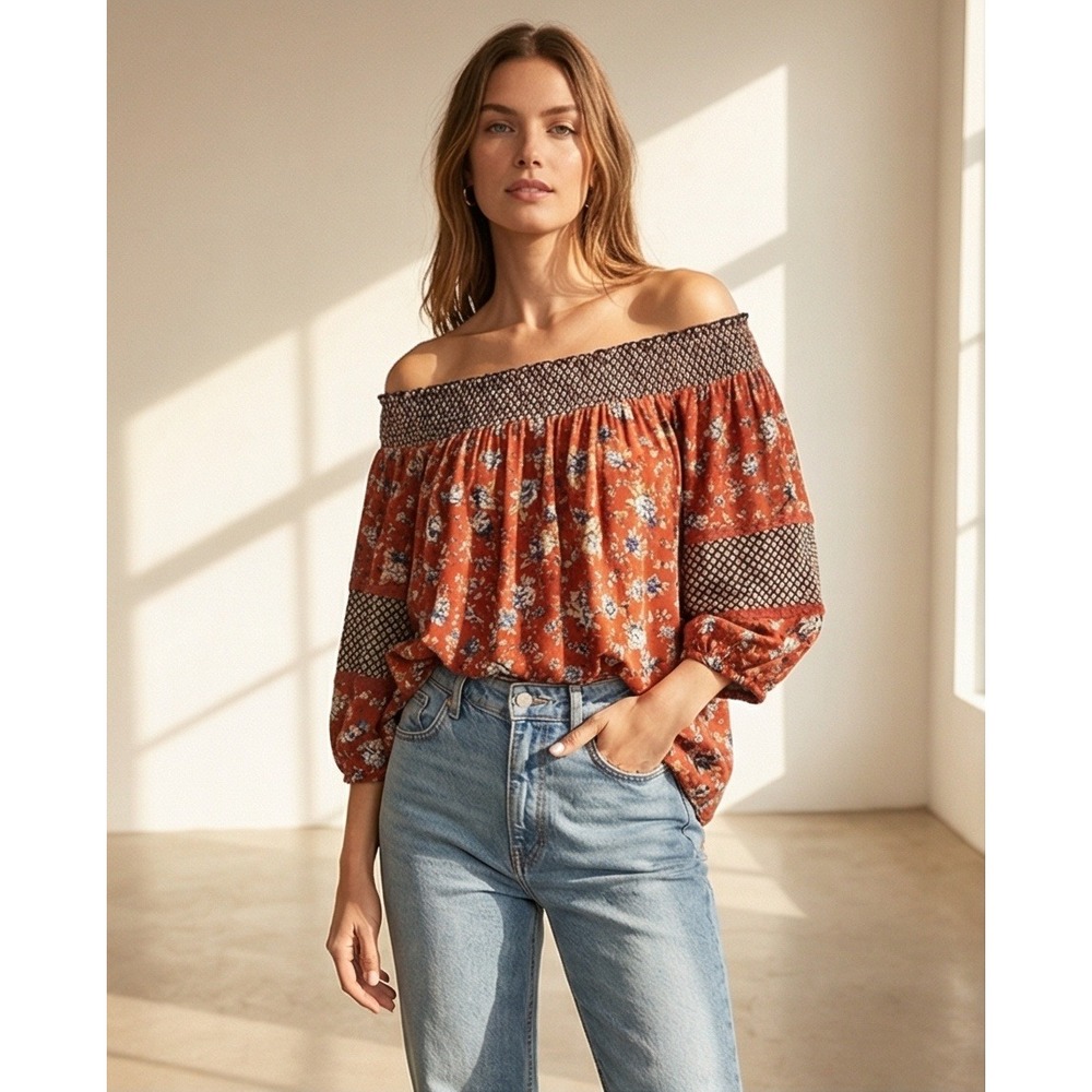 Loralette 4X Floral Off Shoulder Smocked Blouse Rust Orange Boho Flirty Top NWT